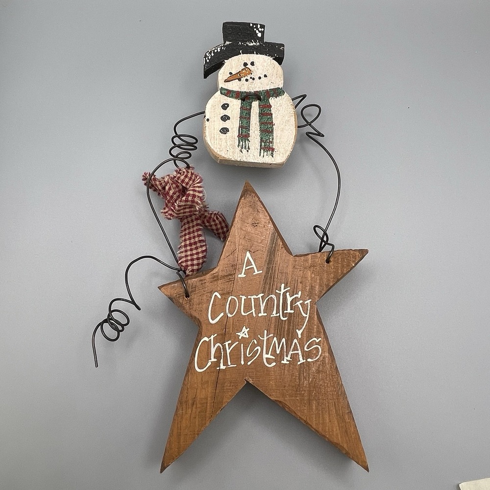 Vtg Wooden Star Snowman Farm House Christmas Decor‎ Standing Wire Primitive Folk